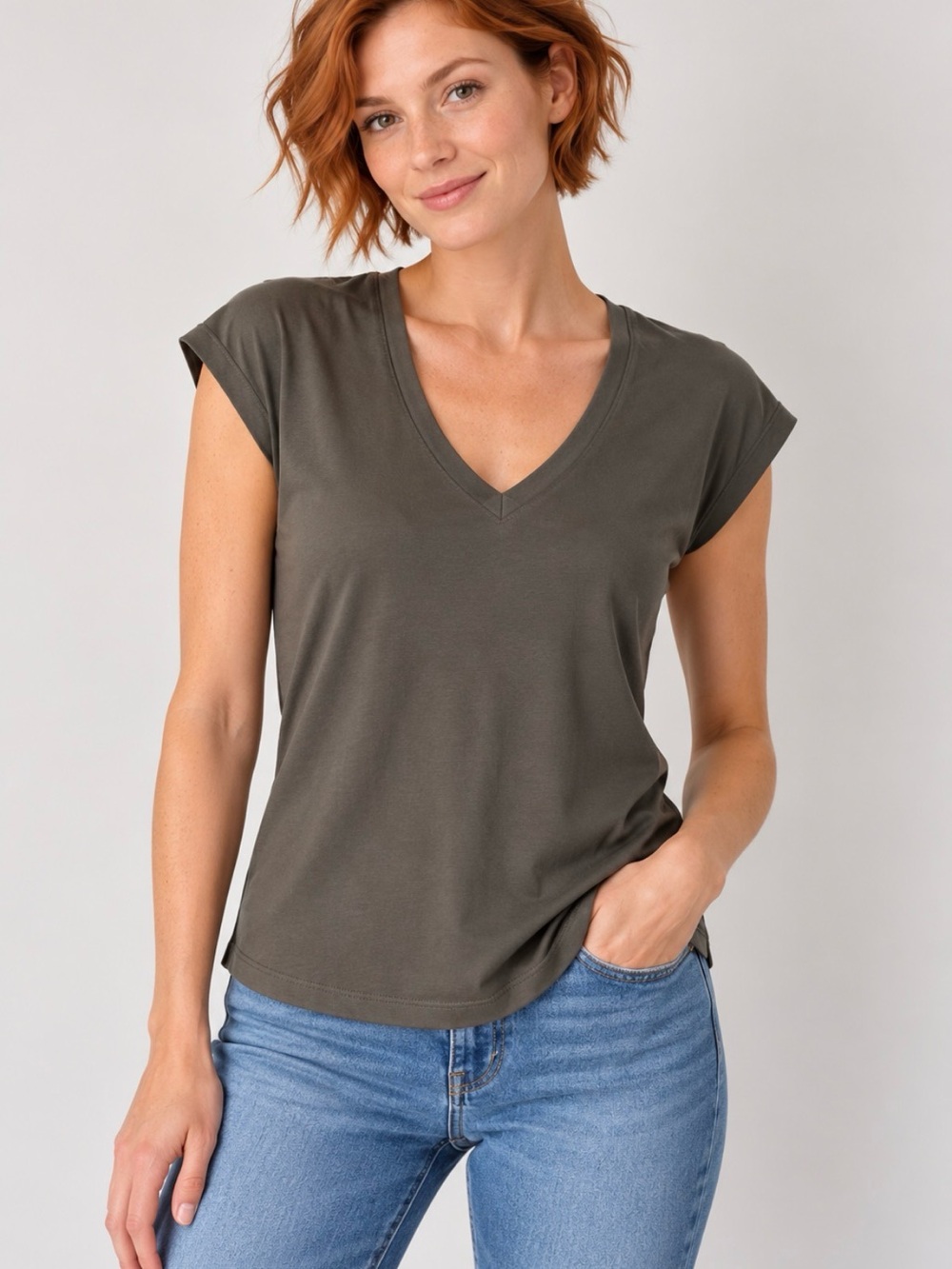 Women's V-Neck Short Sleeve Tee in Olive